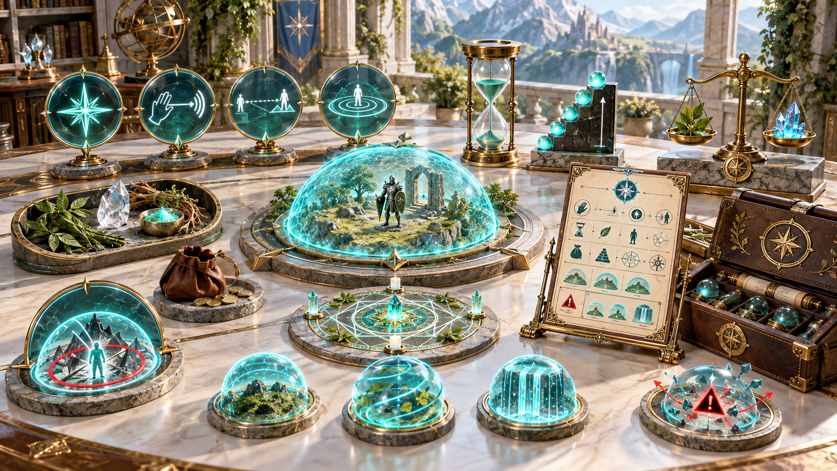 Illustration of a complete spell design with dome model symbolic card hourglass scaling steps components and variations