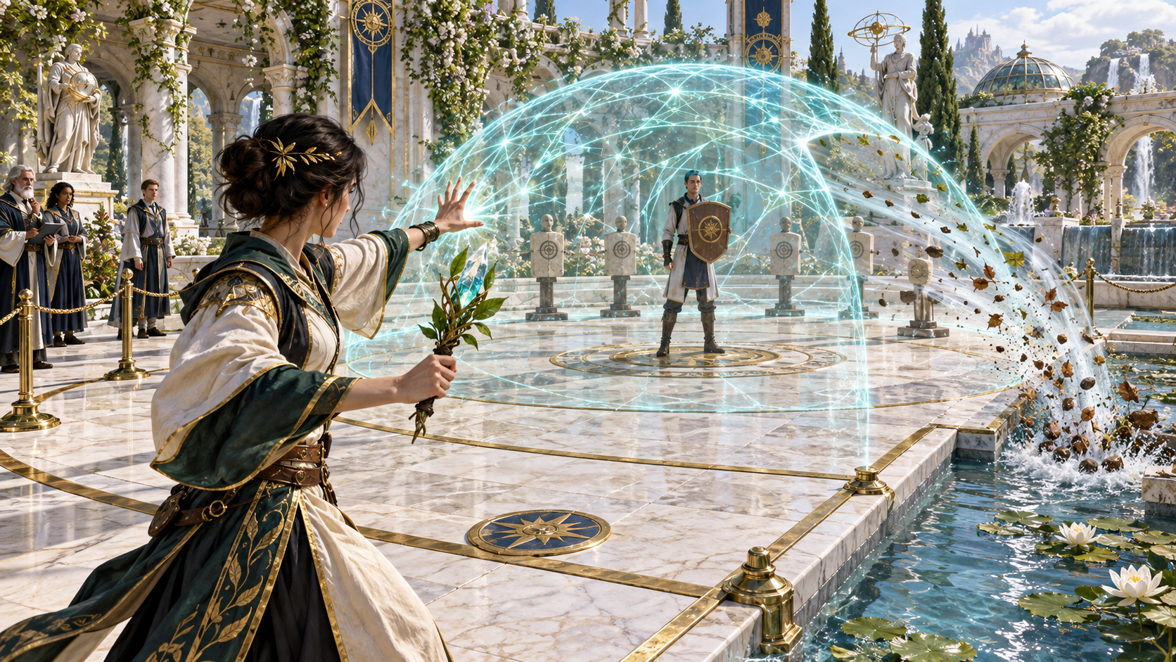 Illustration of a mage creating a blue dome around a shielded person and practice targets