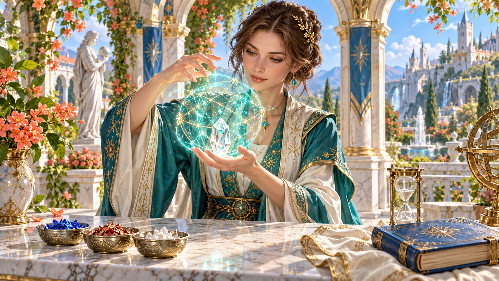 Illustration of a mage holding a crystal inside a glowing geometric sphere