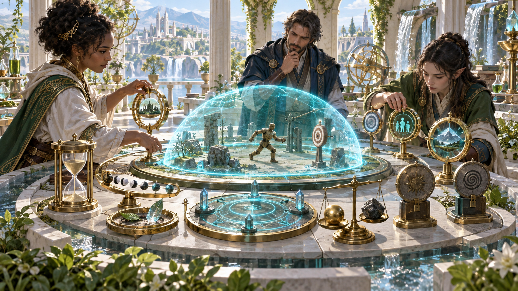 Illustration of three designers reviewing a magical dome model timing materials and target controls